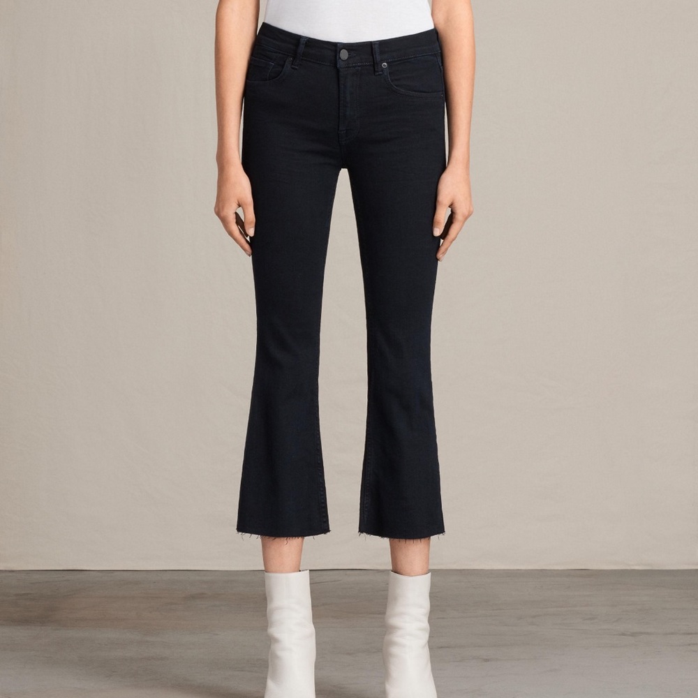 All Saints Black Heidi Crop Flare Raw Hem Jean